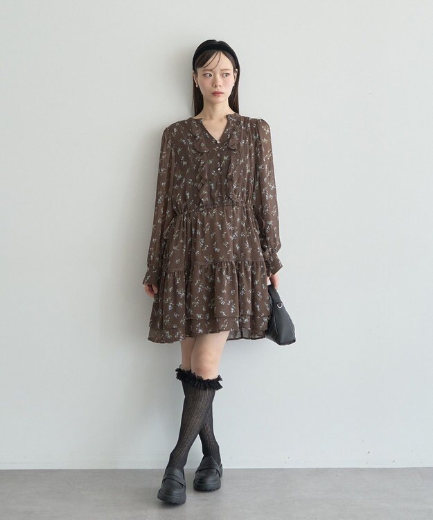 earth music&ecology フラワー楊柳ティアードミニワンピース Brown