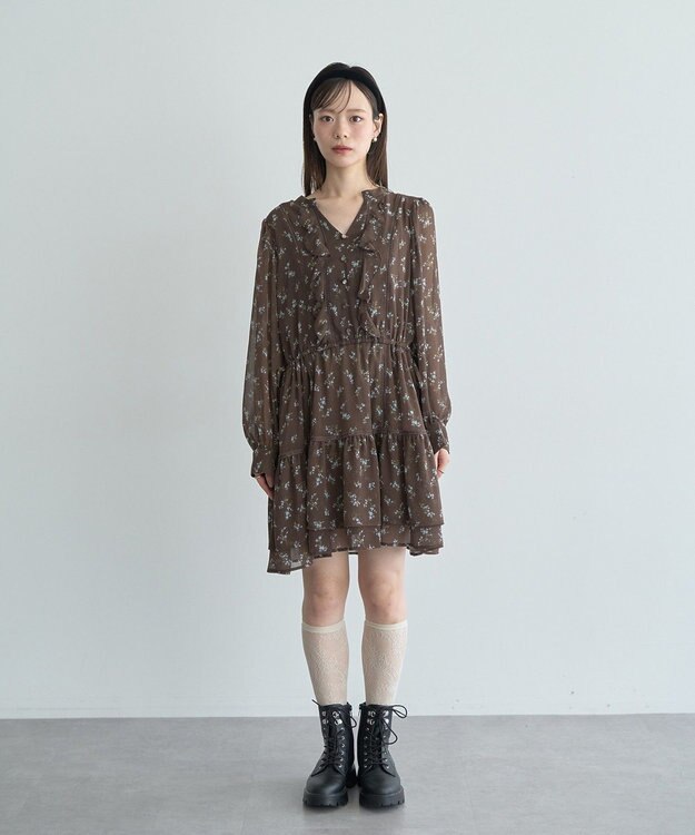 earth music&ecology フラワー楊柳ティアードミニワンピース Brown