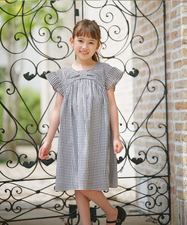 組曲 KIDS 【150-160㎝】ギンガムサッカー ワンピース モノトーン