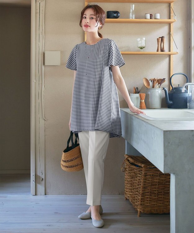 Tiaclasse L 【小倉優子さん着用・選べる袖TYPE・洗える】バックフレアチュニック 新色 半袖ギンガムチェック小