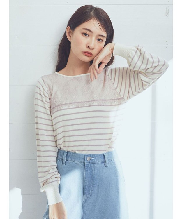 earth music&ecology レースボーダーニットプルオーバー Pink Beige