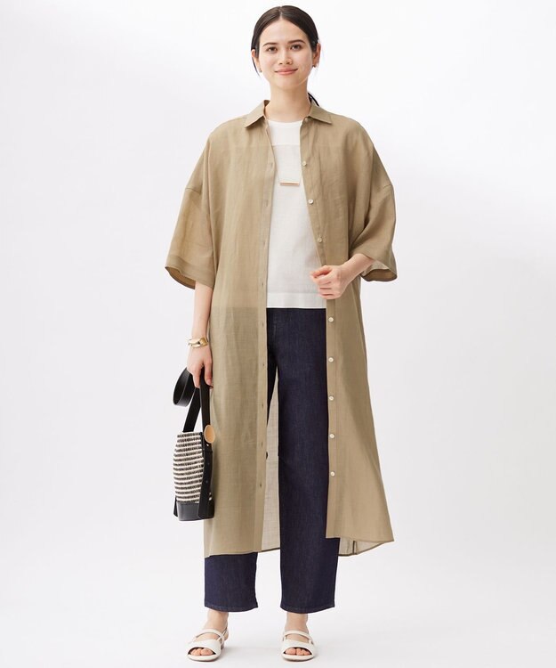 自由区 L 【カタログ掲載・洗える】リネンサッカーコンビブロッキング カットソー オフホワイト