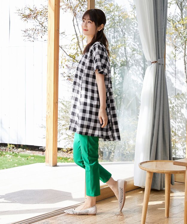 Tiaclasse L 【小倉優子さん着用・選べる袖TYPE・洗える】バックフレアチュニック 新色 半袖ギンガムチェック大
