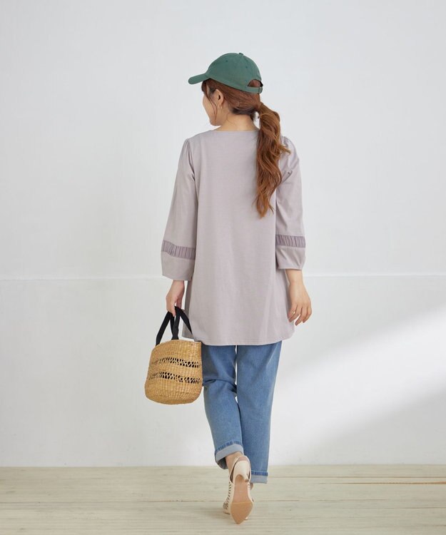 Tiaclasse ランタンパフ袖カットソー切替チュニック グレージュ