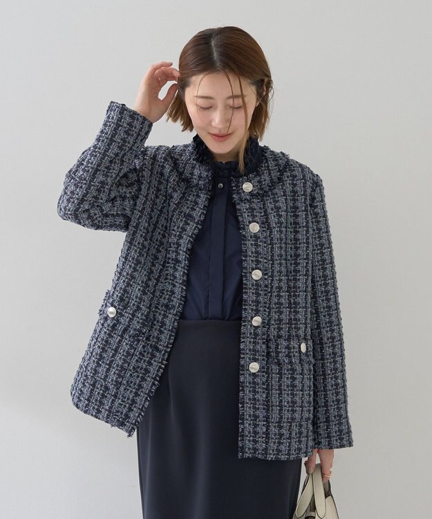 YECCA VECCA ノーカラーツイードジャケット Blue