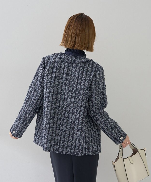 YECCA VECCA ノーカラーツイードジャケット Blue