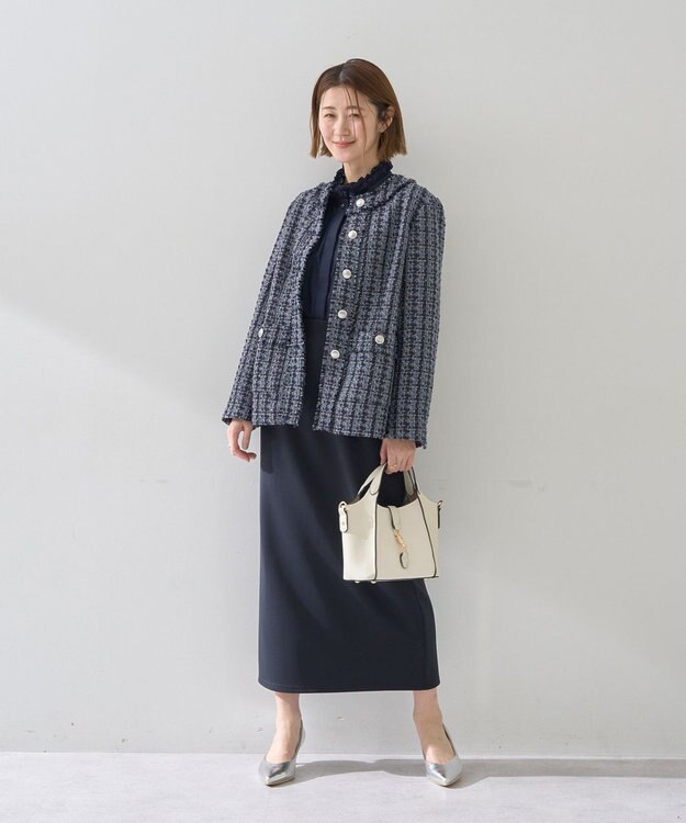 YECCA VECCA ノーカラーツイードジャケット Blue