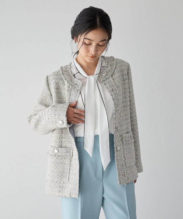 YECCA VECCA ノーカラーツイードジャケット Gray