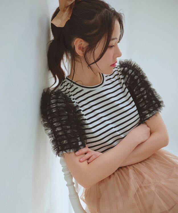 Feroux チュールスリーブ Tシャツ ボーダー系