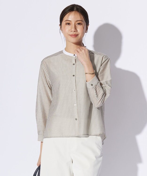 J.PRESS LADIES L シアーピンストライプ カットソー ベージュ×ブラック系1