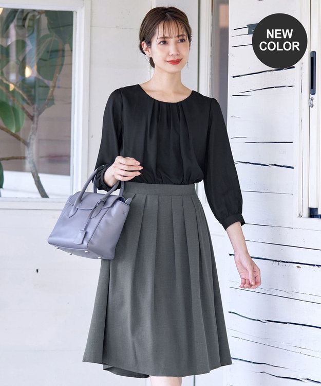 Tiaclasse 【洗える】ブラウスドッキングツイードワンピース ブラック×チャコールグレー