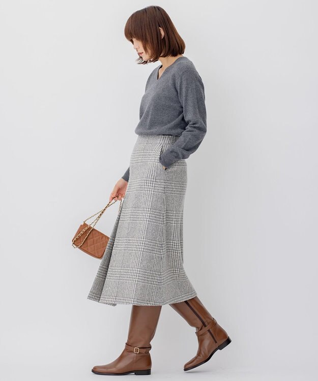 23区 ツイードチェック フロントタックAラインスカート ライトグレーチェック