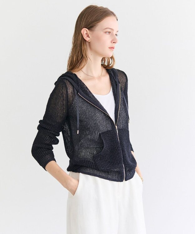 BEIGE， OPTICAL / ペーパーヤーンフーディージップニット Navy