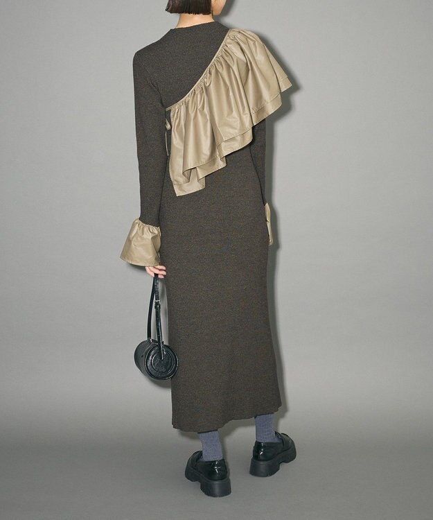 Green Parks フリルベルト付ニットワンピース Khaki