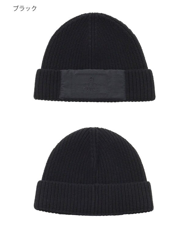 MOONBAT FURLA(フルラ) タフタ刺繍入りニット帽 ブラック