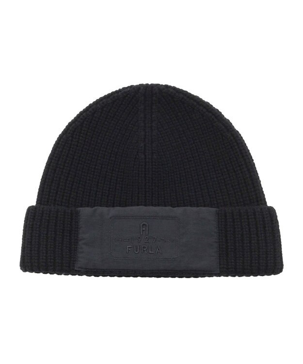 MOONBAT FURLA(フルラ) タフタ刺繍入りニット帽 ブラック