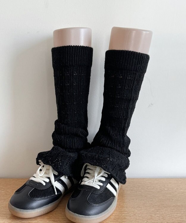 WEGO 透かし編みフリルレッグカバー ブラック