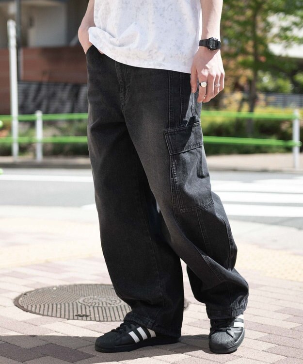 WEGO 【SMLサイズ展開/ウエスト紐】イージー3Dバレルレッグデニムカーゴパンツ デニムブラックソノタ