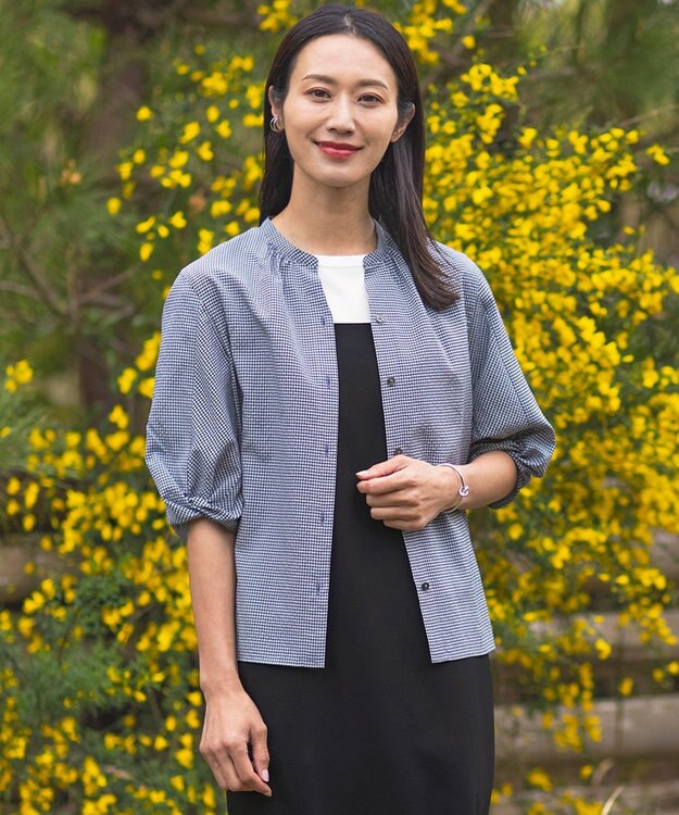 J.PRESS LADIES 【洗える】バイカラーギンガム&ストライプ ブラウス ネイビー系3