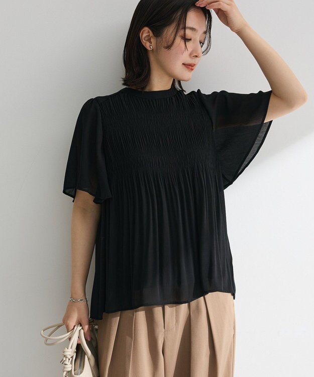 Green Parks マジョリカプリーツショートスリーブブラウス Black