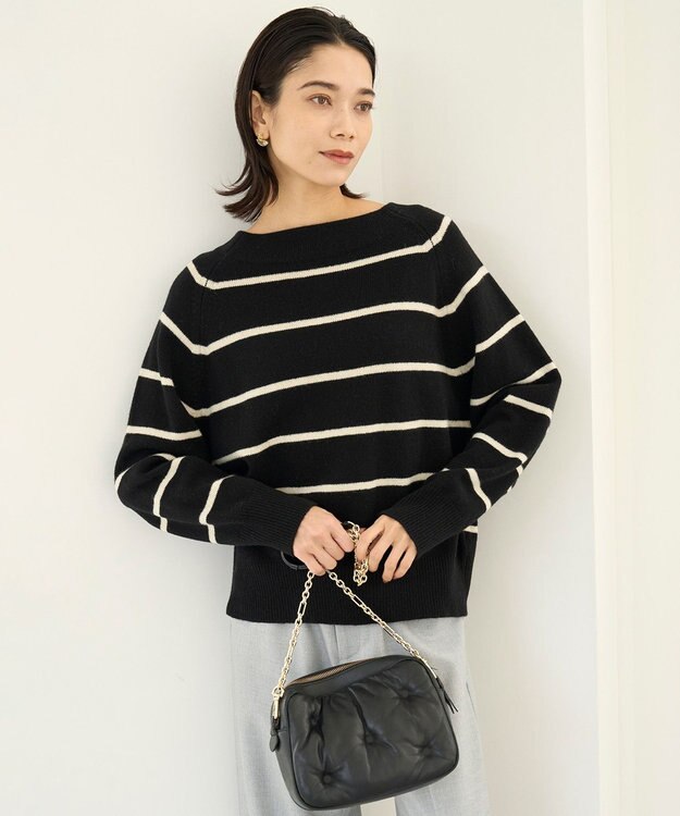 UNFILO カシミヤブレンド オフネックニット ブラックボーダー