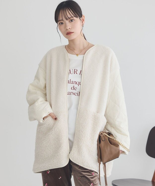 earth music&ecology ボアキルトミドルコート Ivory