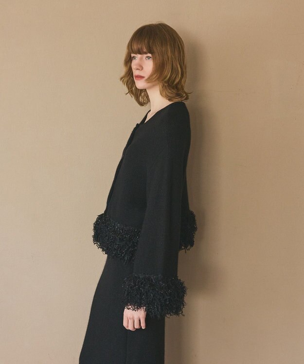GRACE CONTINENTAL ラメフェザーフリンジカーディガン ブラック