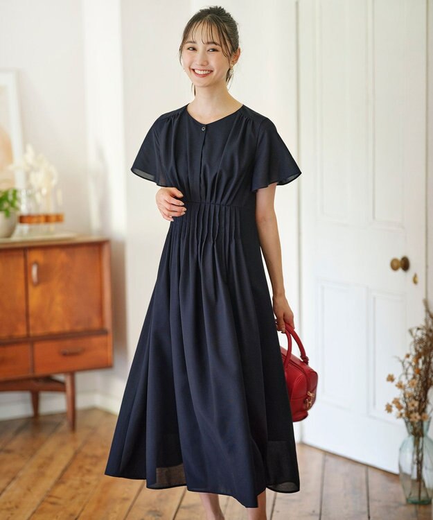 ANY SIS 【洗える】ピンタックハイウエスト ワンピース ネイビー
