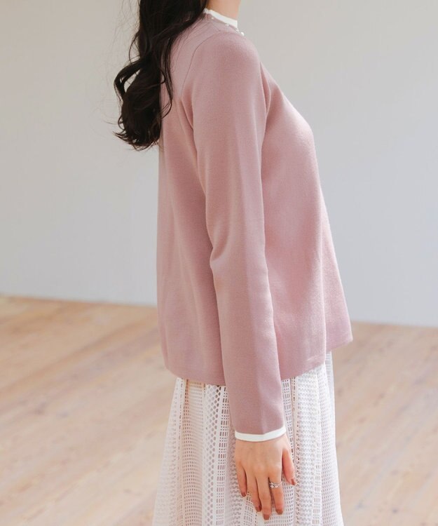 Tiaclasse L 【洗える】襟パール配色ニットトップス ピンク