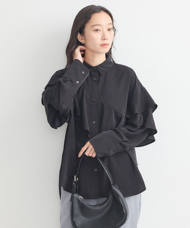earth music&ecology アシメラッフルシャツ Black