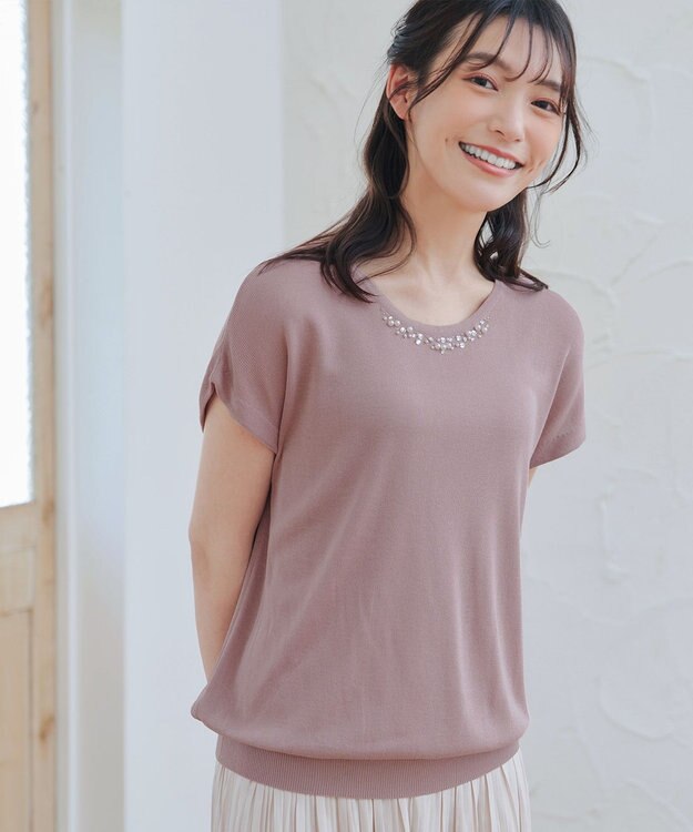 Tiaclasse L 【洗える】ビジュー付きフレンチニット ピンク