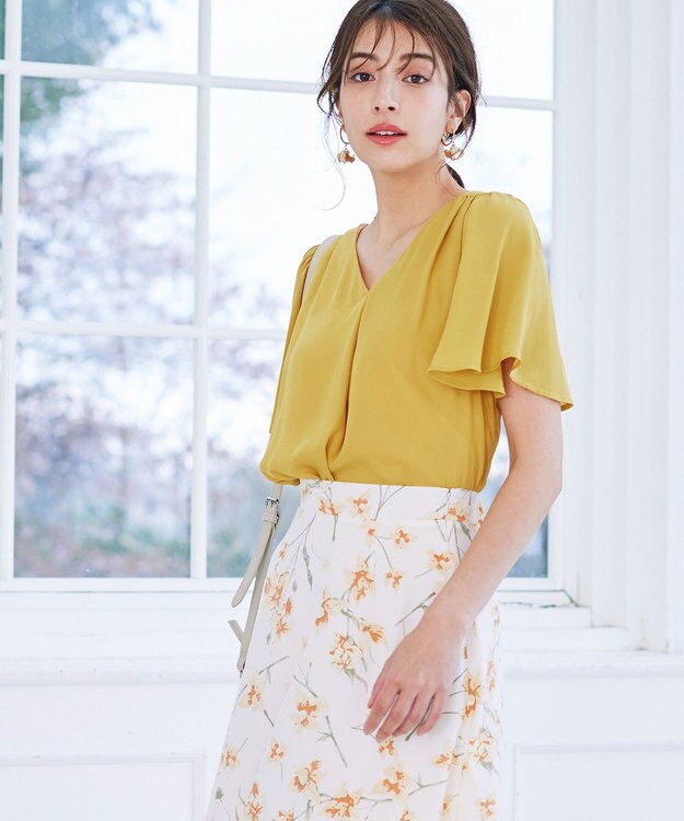 Tiaclasse 【洗える】シフォンフレアスリーブブラウス イエロー