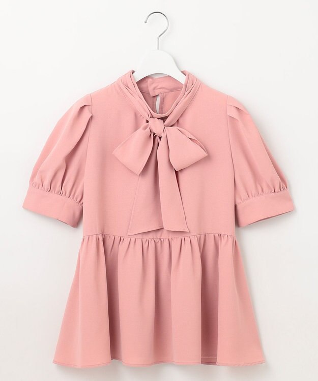 Feroux 【洗える】ペプラム ボウタイブラウス ピンク系