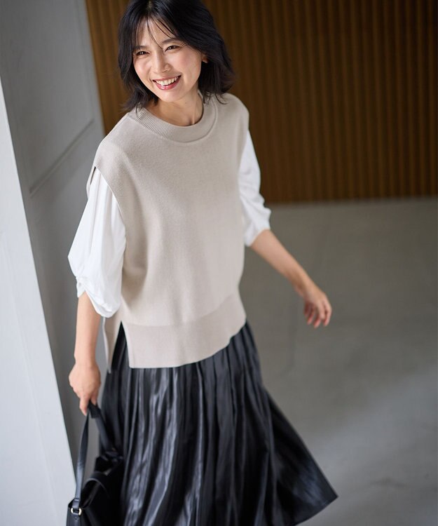 ANY 【洗濯機可】スリットニットベスト サンドベージュ