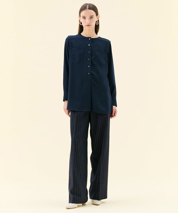 BEIGE， DELAND / ウールピンストライプハイウエストタックパンツ Navy St.