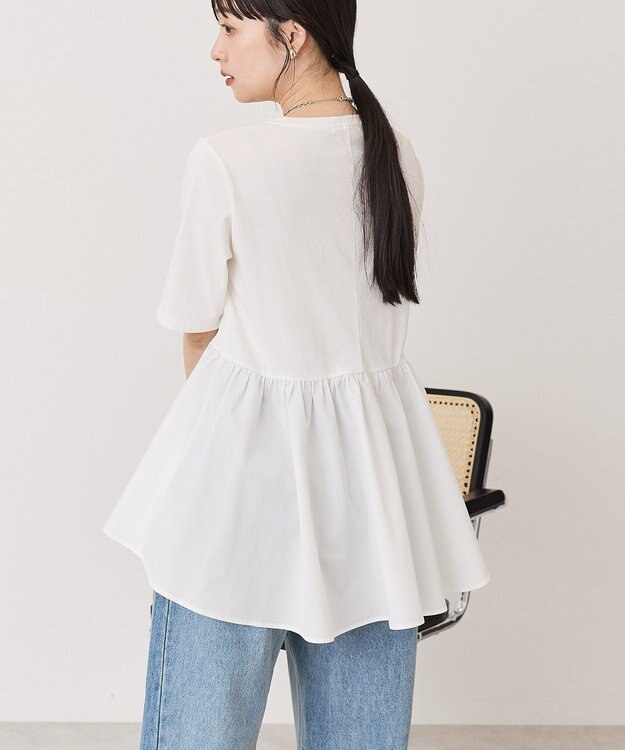 AMERICAN HOLIC 布帛切替ペプラム半袖プルオーバー Off White