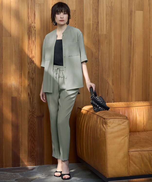 ICB 【UVカット・防シワ・洗える】ライトダブルクロス ドロストパンツ スモークグレー系