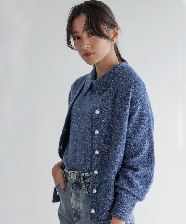 組曲 【加藤ローサさん着用 / 襟取り外し可】スパンコールヤーン 5分袖ニット ブルー系