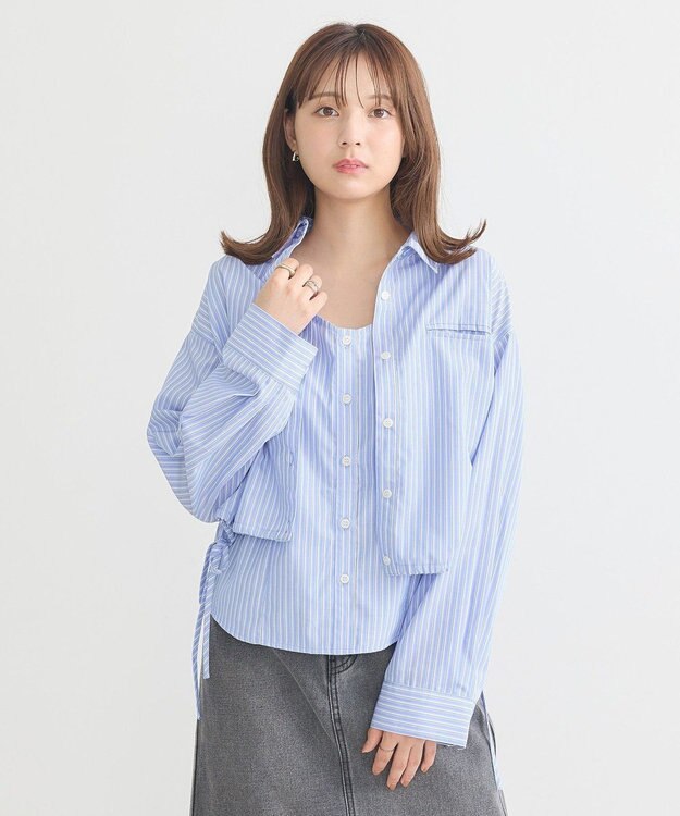 earth music&ecology Ｓｅｔ２点　ドロストショートシャツ＋キャミブラウス Light Blue