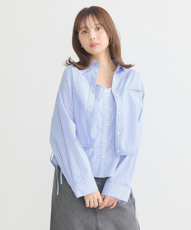 earth music&ecology Ｓｅｔ２点　ドロストショートシャツ＋キャミブラウス Light Blue