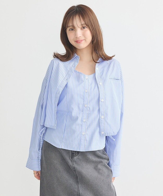 earth music&ecology Ｓｅｔ２点　ドロストショートシャツ＋キャミブラウス Light Blue