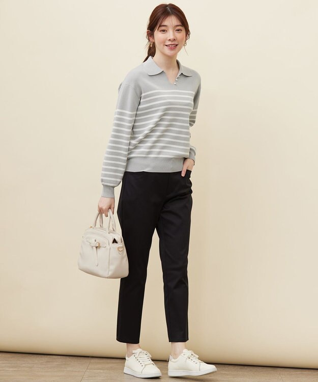 ANY SIS 【洗える】スキッパーポロ襟プルオーバー ニット グレー×オフ