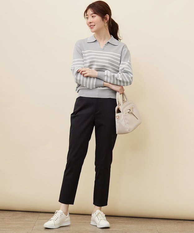 ANY SIS 【洗える】スキッパーポロ襟プルオーバー ニット グレー×オフ