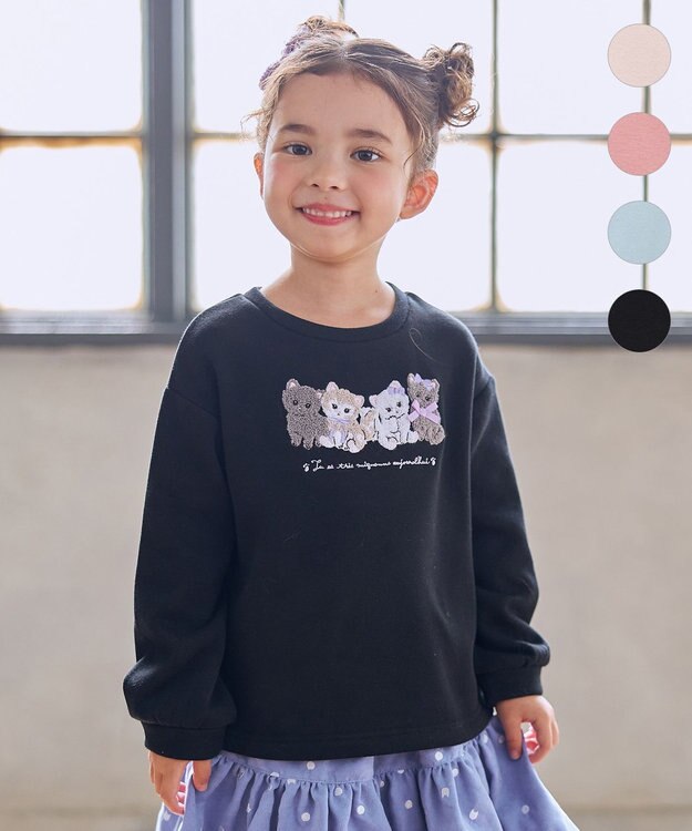 ANY KIDS なかよしサガラ刺繍 裏シャギー トレーナー ブラック×ネコ