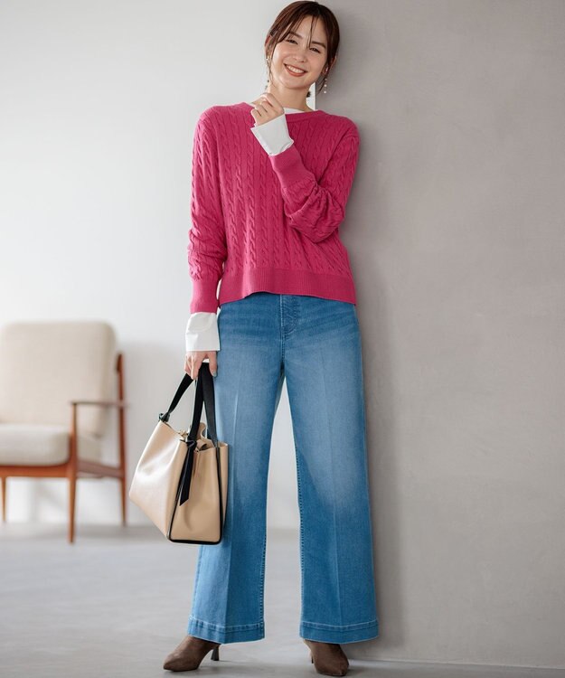 組曲 【前後着用可】コットンカシミヤ混2WAYケーブル ニット ラズベリー系