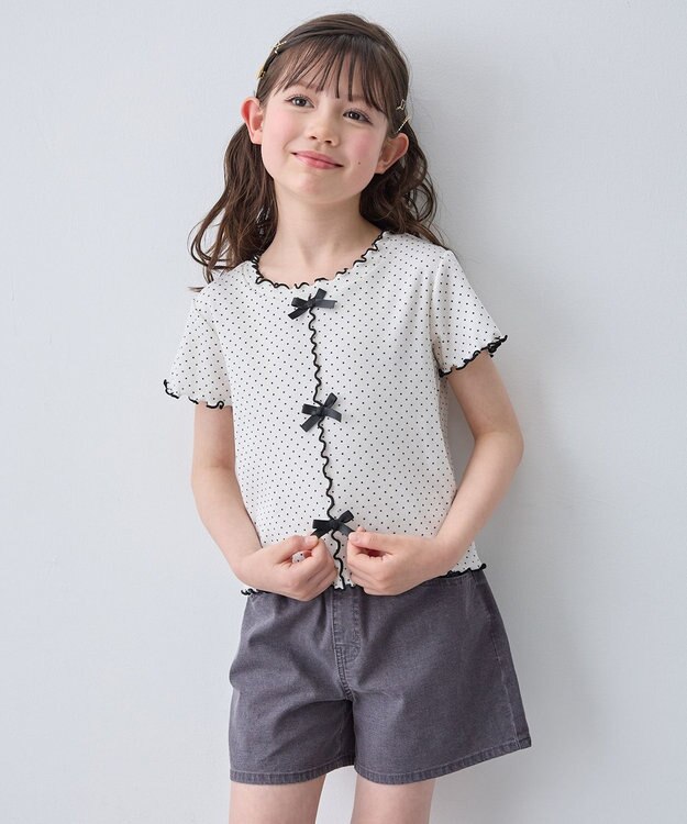 ANY KIDS 【一部店舗/WEB先行販売アイテム】ドット×リボン 半袖Tシャツ オフホワイト