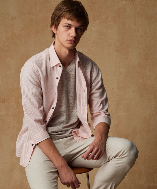 JOSEPH ABBOUD 【サスティナブル・７分袖】コットンリヨセルリネンコードストライプ シャツ オレンジ系1