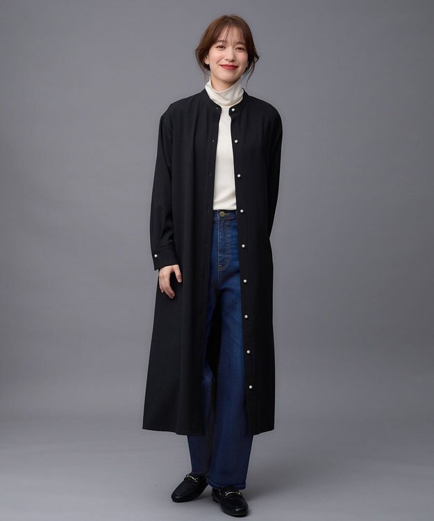 ANY 【洗濯機可能/ストレッチ】ウールライク前開きワンピース ネイビー