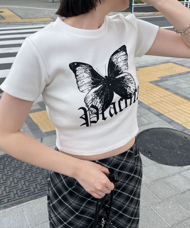 WEGO バタフライプリントリブT ホワイト