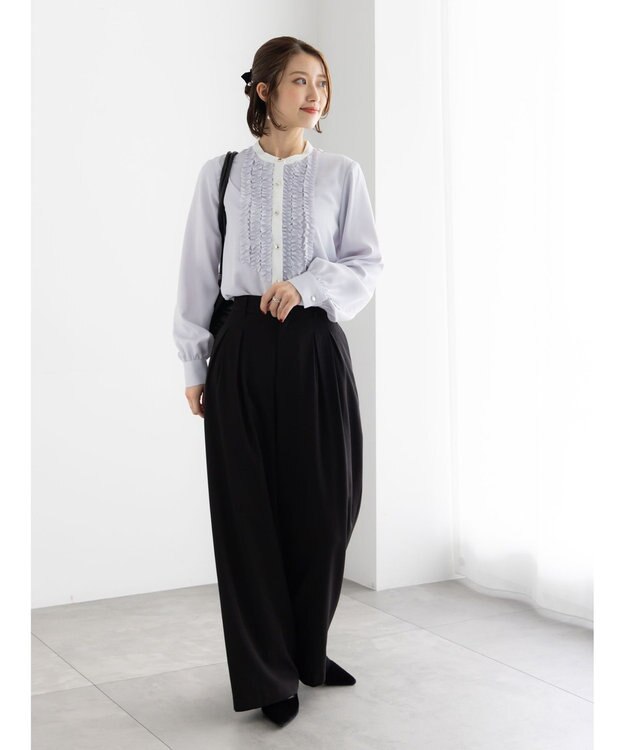 Te chichi フロントフリルバイカラーブラウス グレー